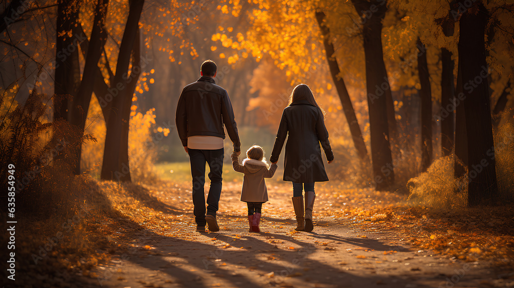 family walking in the autumn forest