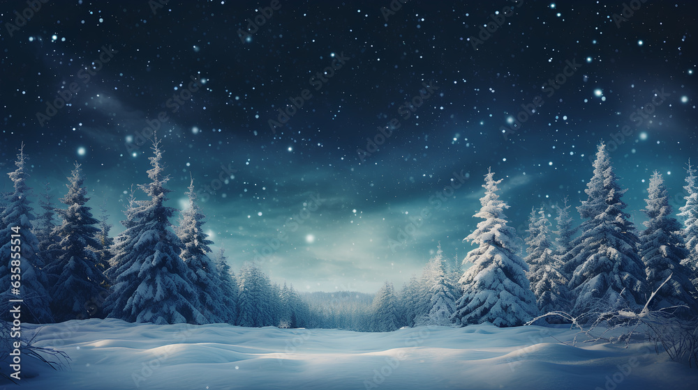 winter night landscape. snowy forest and fir branches.