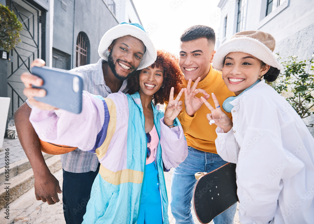 Friends, selfie and city with peace sign happy, gen z and smile of university students for social me