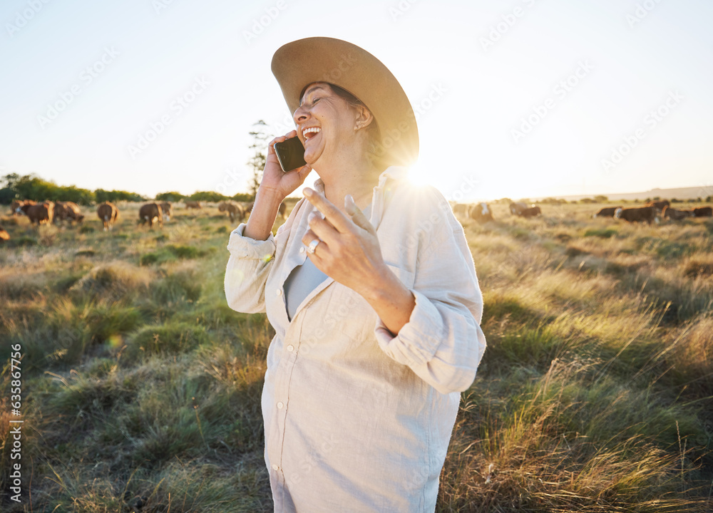 Cow, farmer and woman with phone call in countryside and person smile in conversation with live stoc