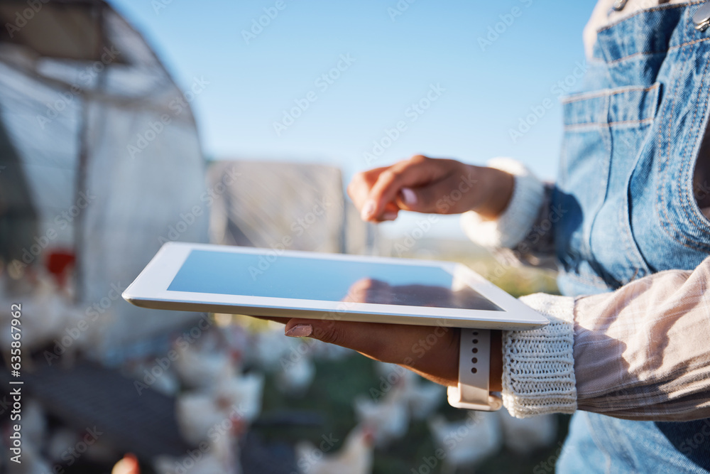 Agriculture, tablet and farm with hands of person in nature for chicken, sustainability and planning