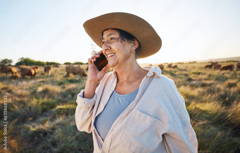 Woman, farmer and phone call in countryside with cow, person and cattle on farm with smile for live 