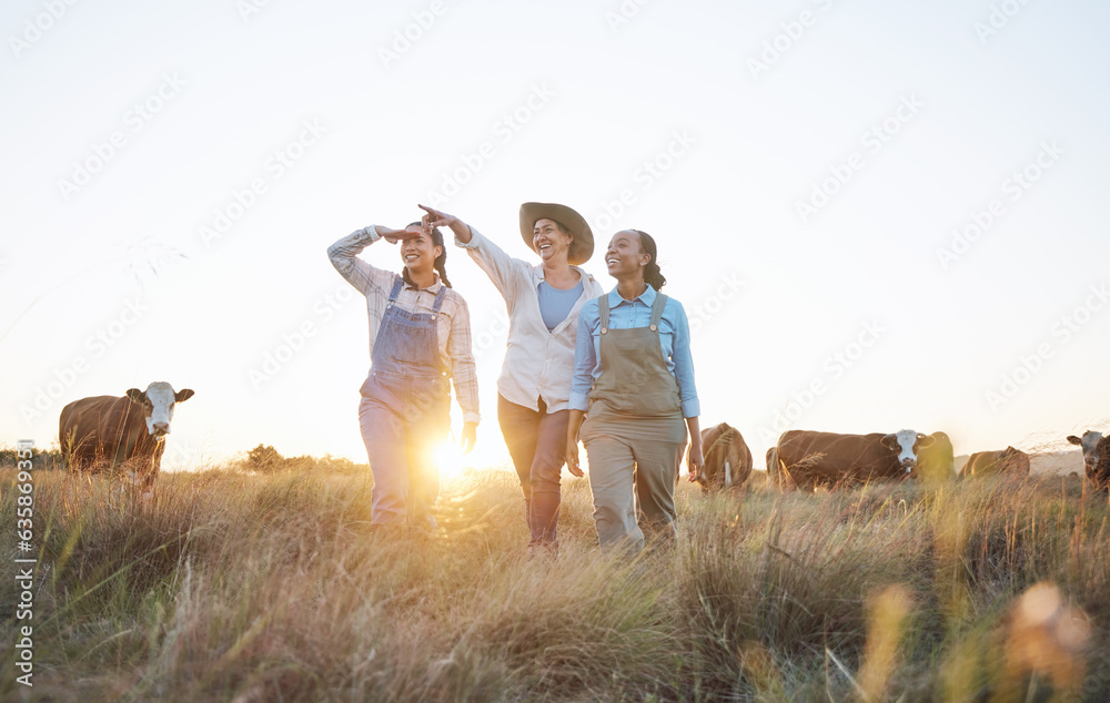 Farm, agriculture and women with cow pointing for inspection, livestock and animal health. Agro busi