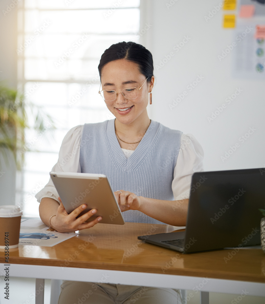 Asian woman at desk with smile, tablet and scroll for research on business website, online report or