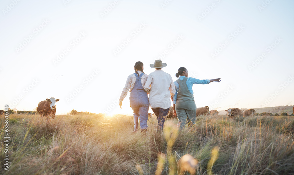 Farm, agriculture and women in field with cow pointing for inspection, livestock health or ecology. 