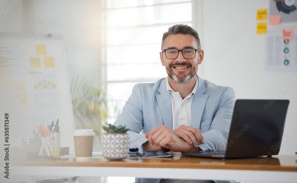 Portrait of businessman at office desk with smile, laptop and tablet on business website, online rep