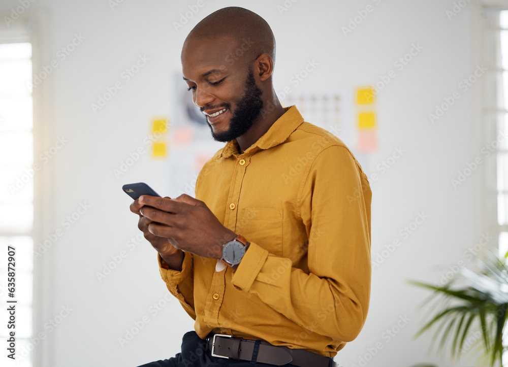 Business, black man and typing on smartphone in office for social network, mobile website and intern