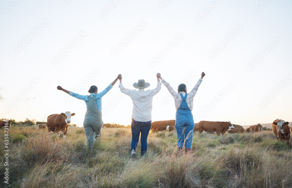 Farm, celebration and women back holding hands for success, happy or excited for cattle industry, gr