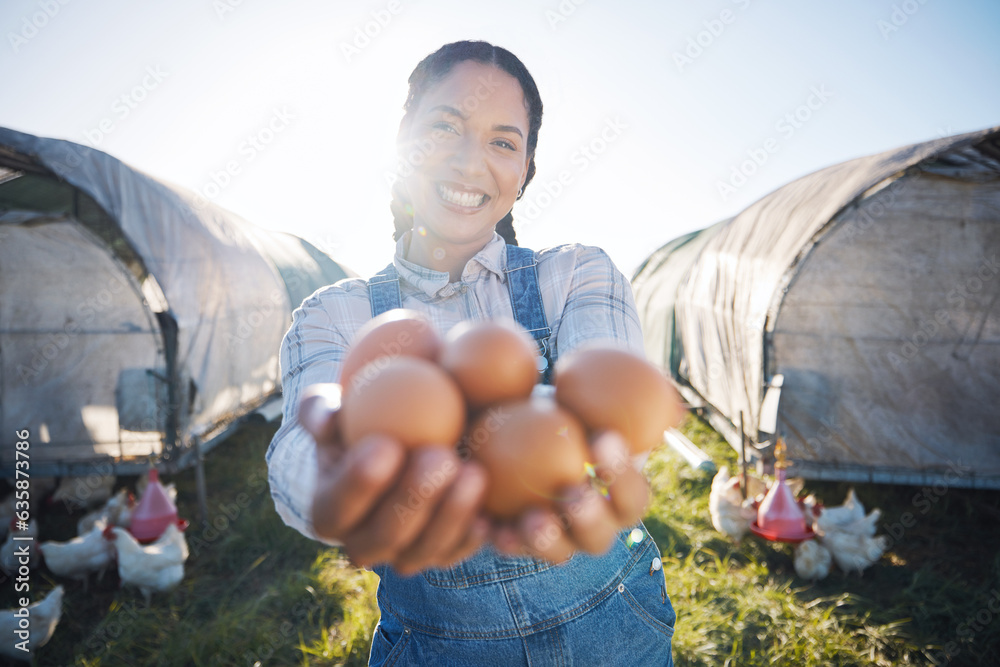 Woman with eggs, smile and chickens on farm with grass, sunshine and countryside field with sustaina