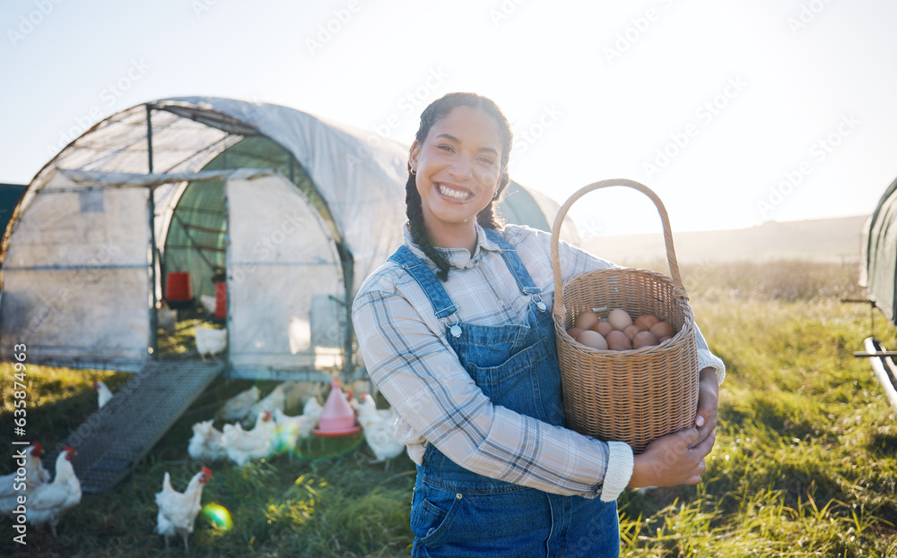 Happy woman with eggs in basket, farm and chickens on grass in sunshine countryside field with susta