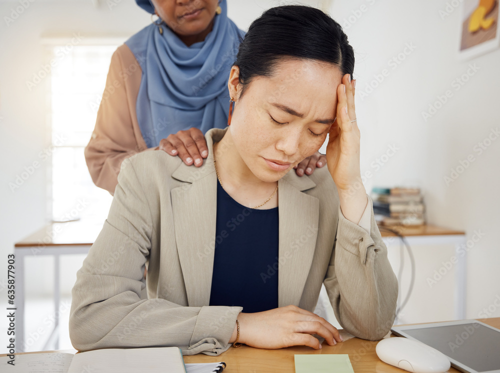 Depression, stress and a business woman with empathy, support and help in an office. Burnout, fired 