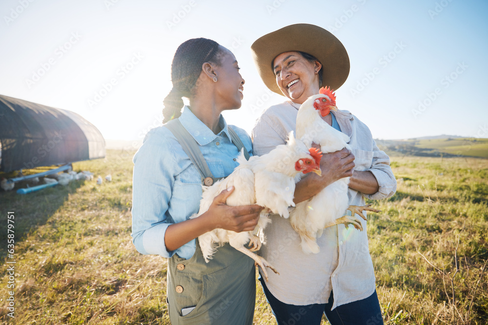 Happy, team of women and chicken on farm in agriculture, bird or meat production in countryside, fie