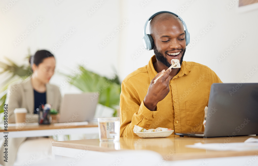 Food, break and black man, call center and lunch with laptop in office while consulting for crm, con