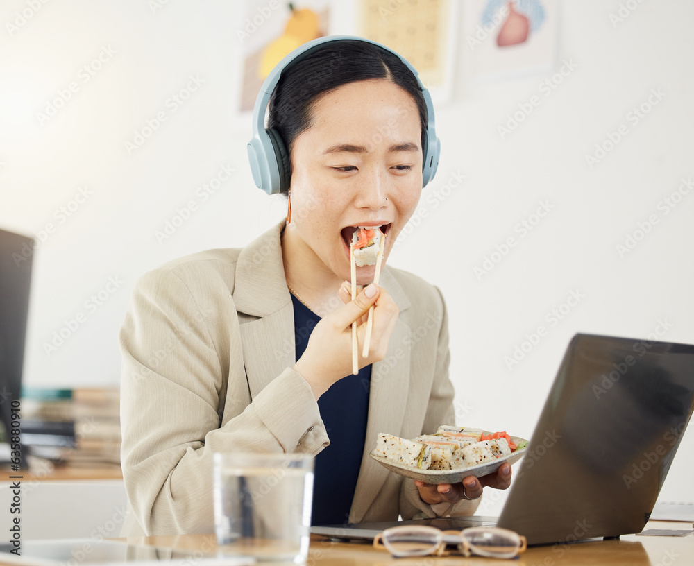 Fast food, delivery and asian woman with laptop in office for lunch break, eating and meal. Sushi, b