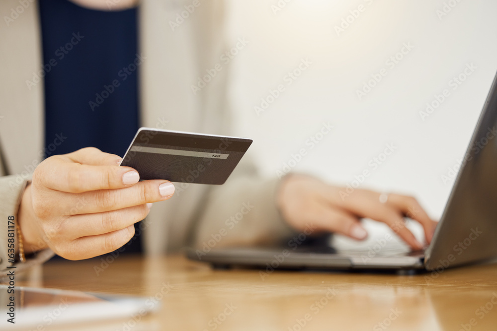 Banking, credit card and hands of business woman with payment on a internet or banking on a laptop. 