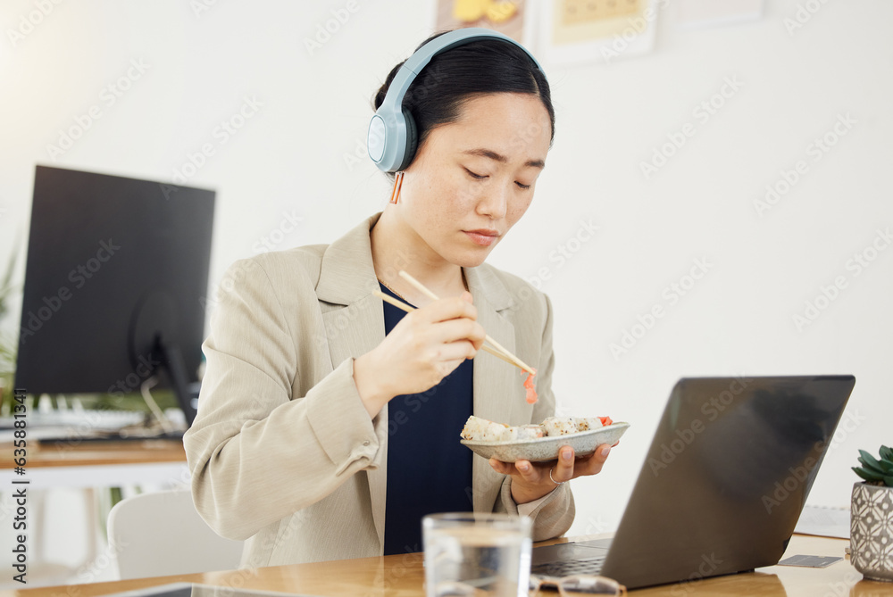 Break, food and asian woman, call center or lunch with laptop in office while consulting for crm, co