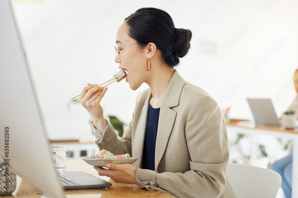 Lunch break, food and business woman at office desk for meal while reading laptop for email or propo