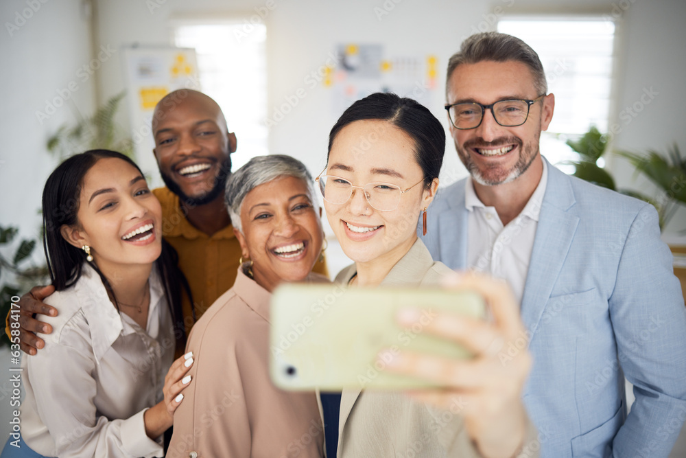 Selfie, smile and group of business people in office for support, trust and global team building. Di