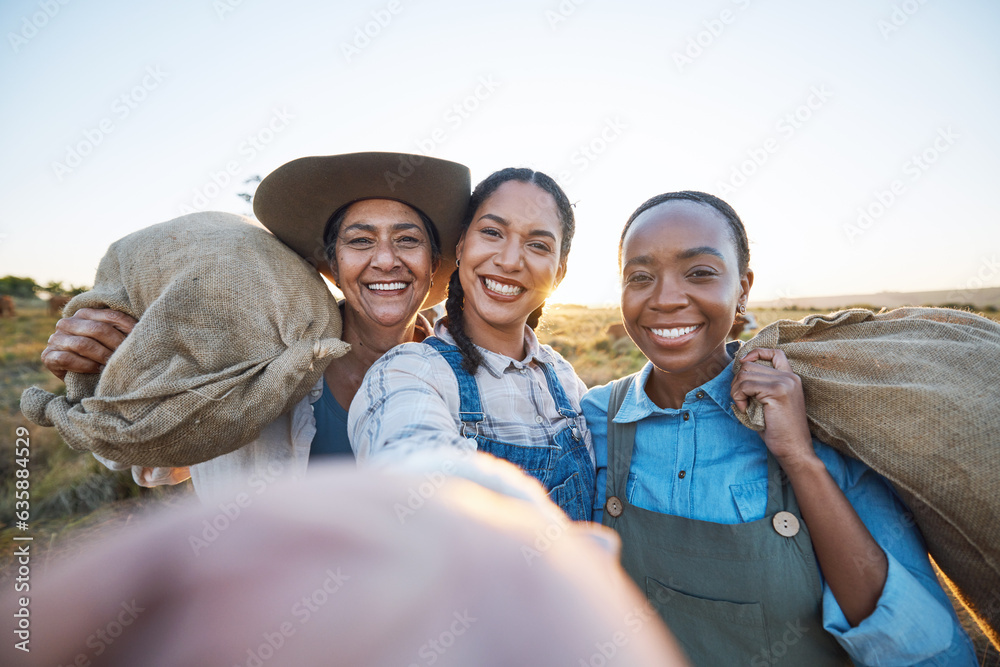 Selfie, agriculture and woman friends on farm for cattle, livestock or feeding together. Portrait, h