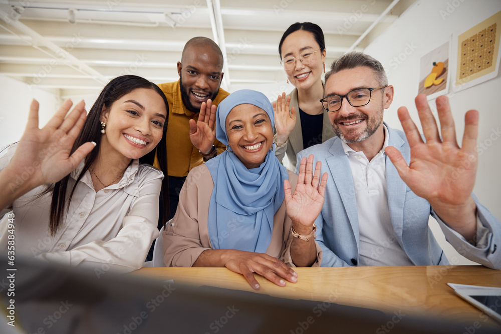 Business people, video call and team portrait for online meeting, communication and marketing collab