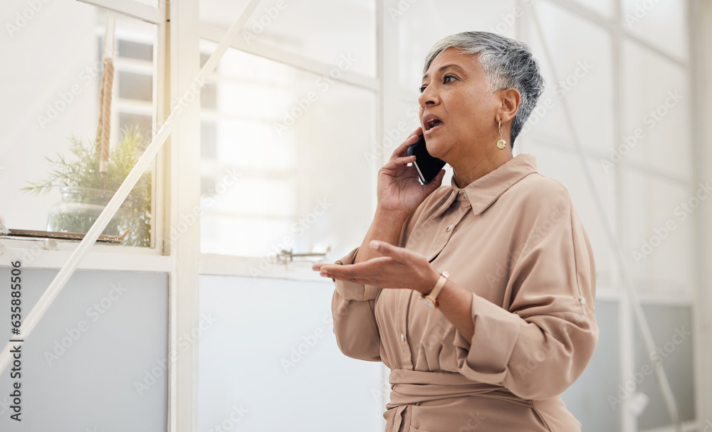 Senior woman, phone call and networking in a office with a smile and mobile conversation for work. P