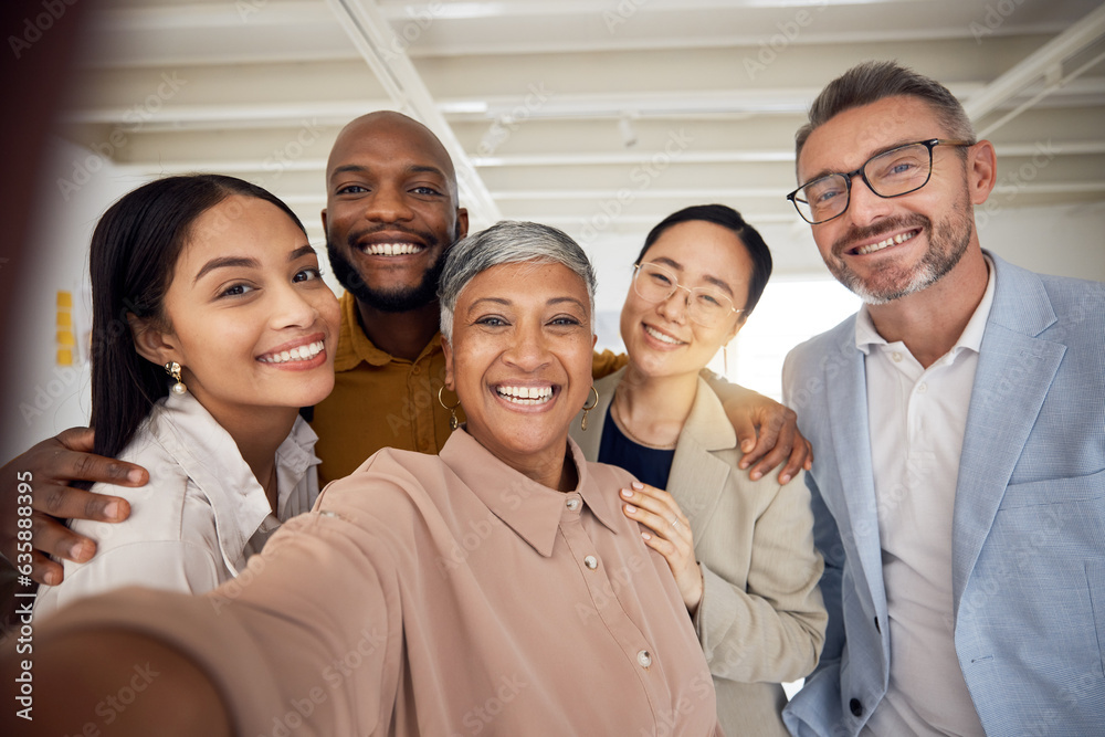 Portrait, selfie and team of business people smile in office for global staff collaboration. Diversi