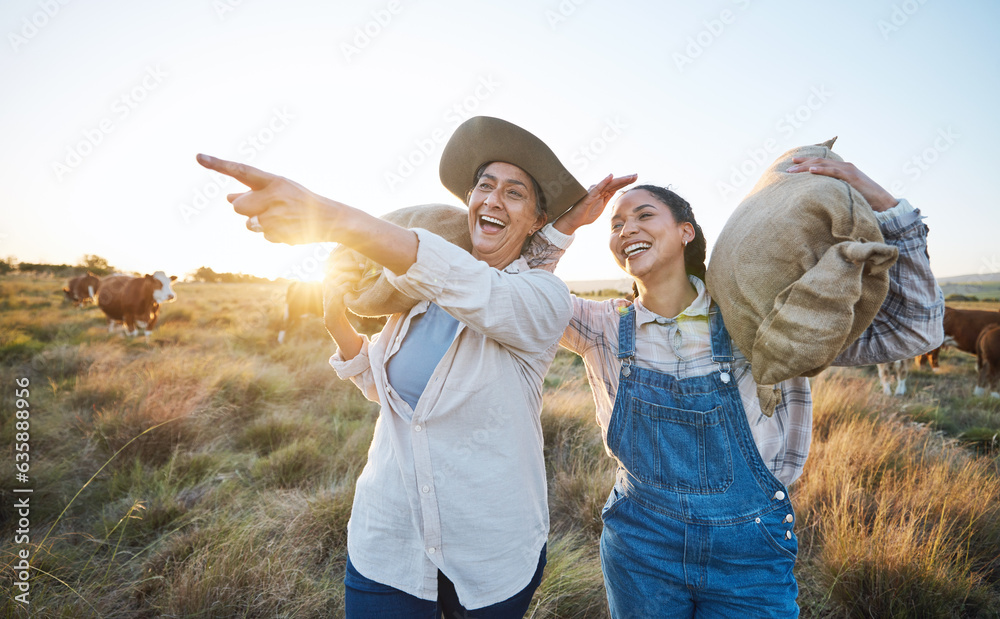 Hand pointing, happy and women on a farm for sustainability, agro and cattle farming together. Farme