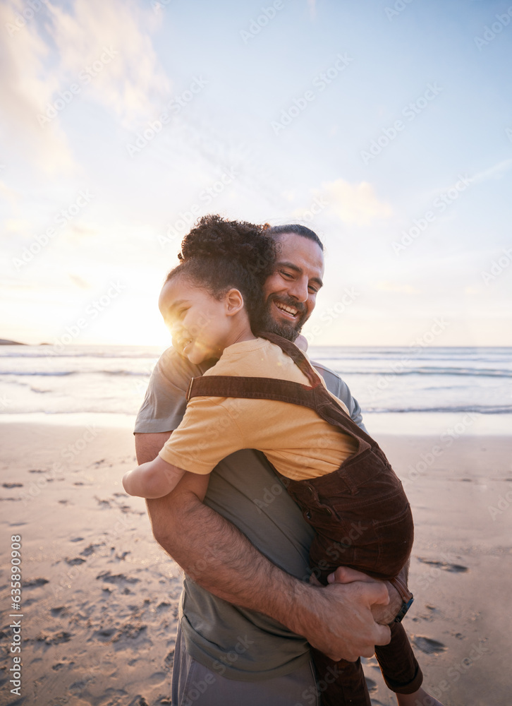 Sunset, hug and father with girl, beach and bonding with love, affection and tropical island getaway