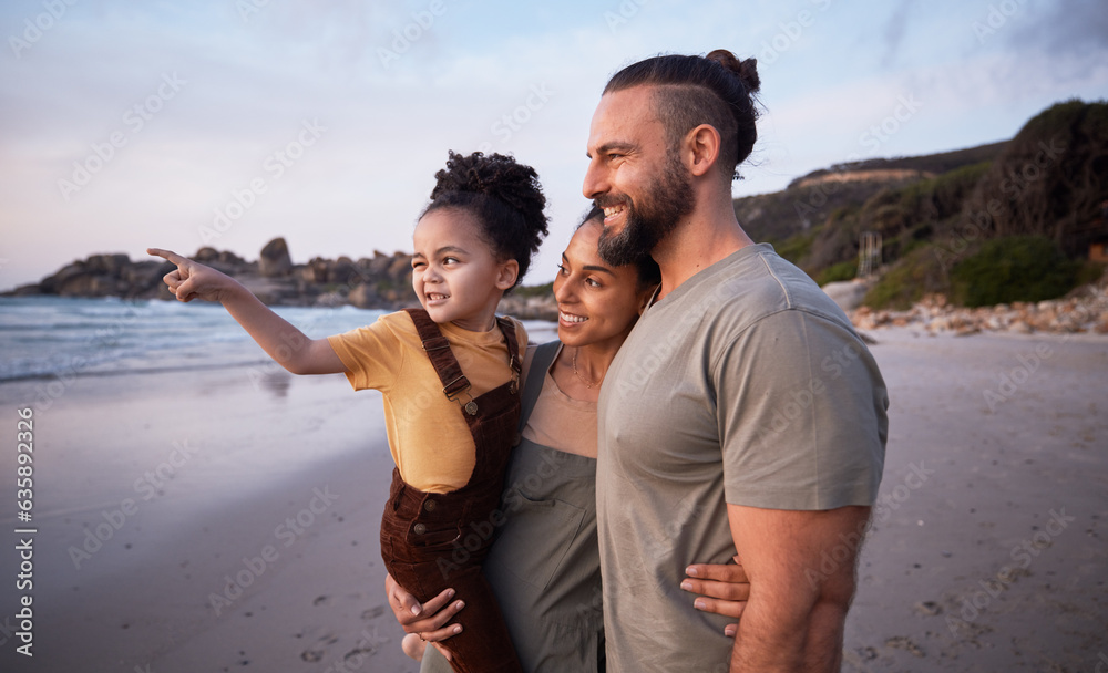 Child, pointing and happy family on beach at sunset on summer, vacation or bonding together on tropi