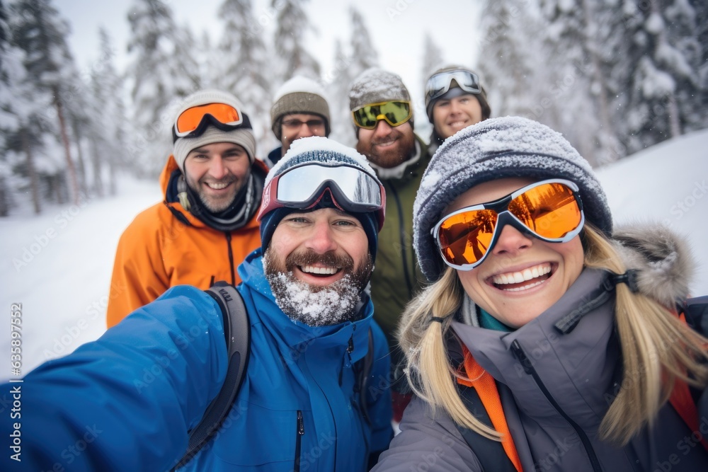 A group of people wearing ski equipment takes a selfie together