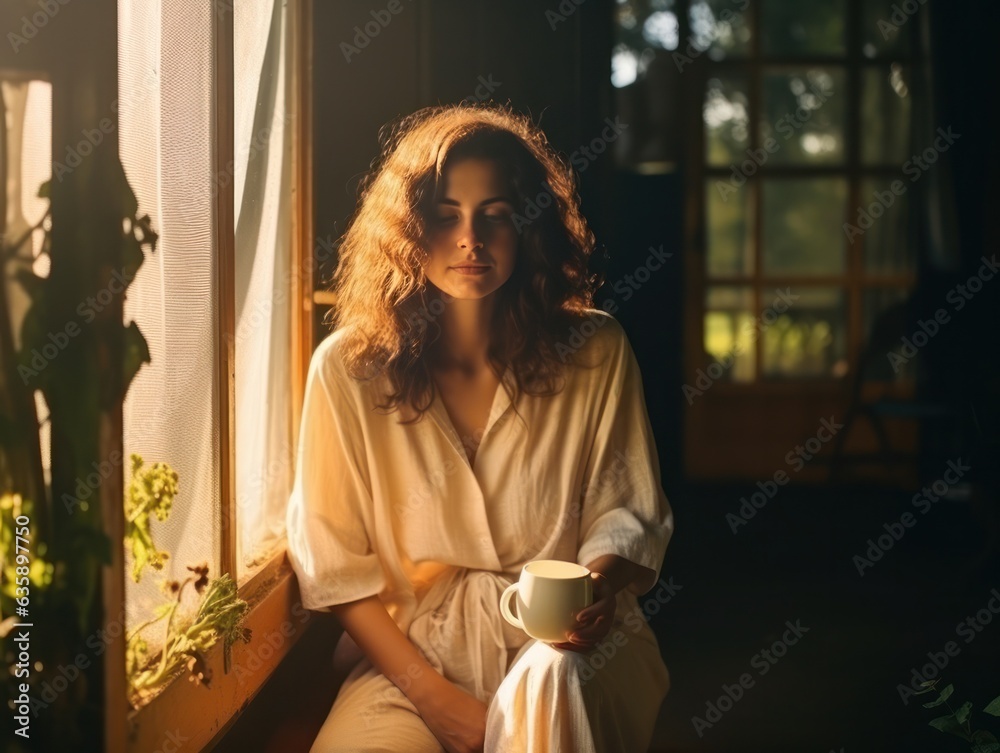 A girl is sitting at the porch with a cup of coffee