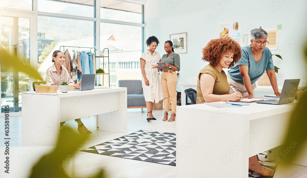 Business women, fashion designer and teamwork, planning or brainstorming in office workspace for sta