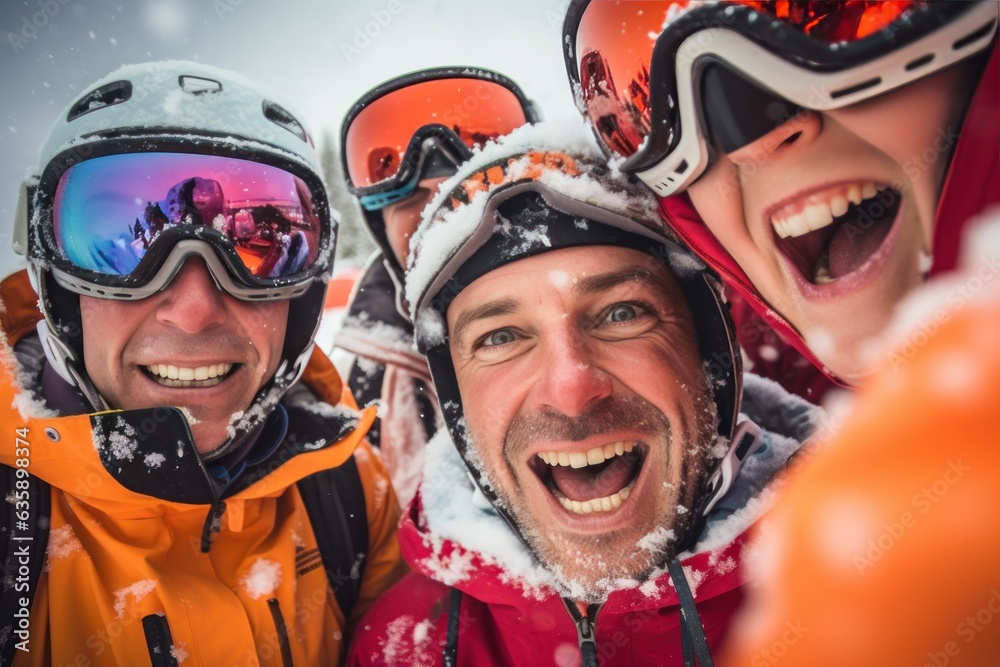 A group of people wearing ski equipment takes a selfie together