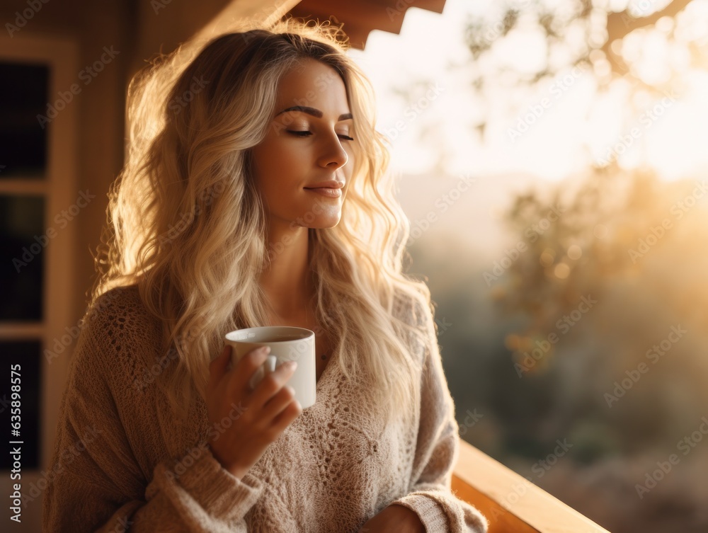 A girl is sitting at the porch with a cup of coffee