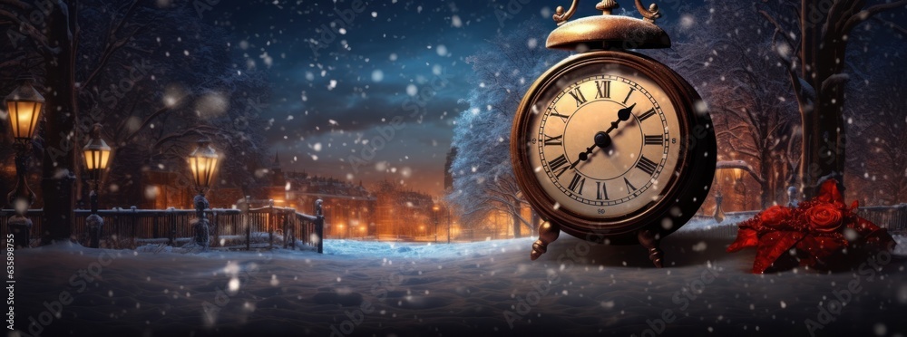 Christmas magic background with alarm clock