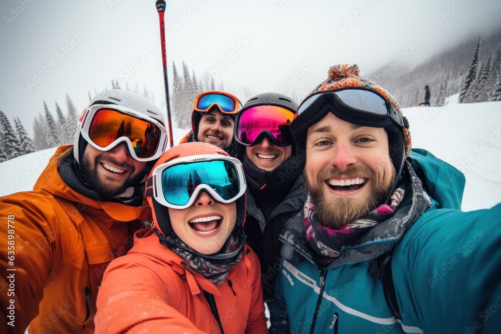 A group of people wearing ski equipment takes a selfie together