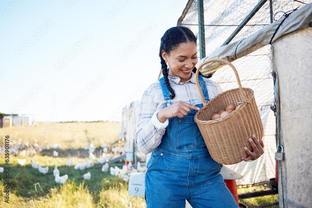 Woman with eggs in basket on farm chicken on grass, smile and sunshine in countryside field for sust