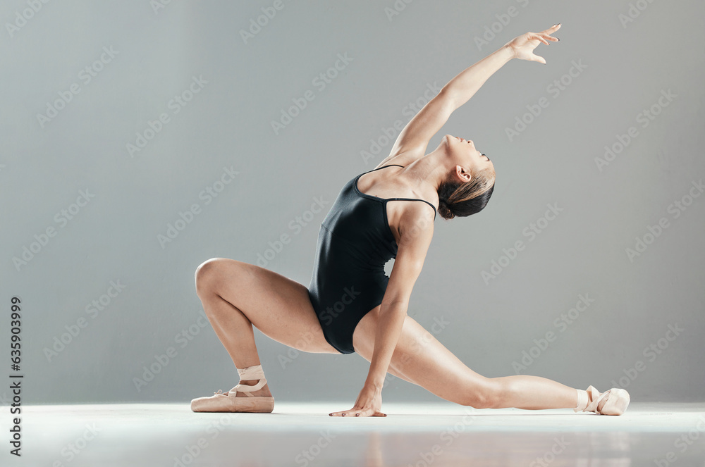 Dance, ballet and woman stretching in art performance in studio isolated on gray background mockup s