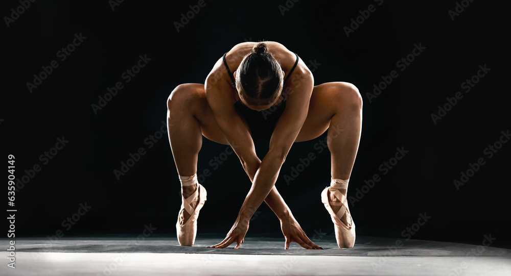 Art, ballet and flexible woman on black background in dance performance with balance, stretching and