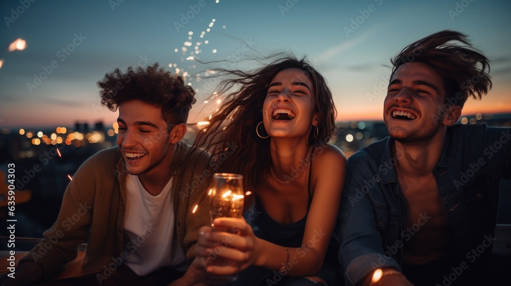 Young friends celebrating at the party on a roof top