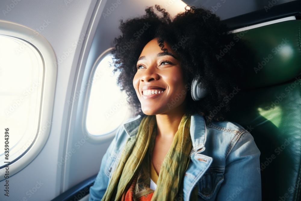 Woman smile near the window of airplane