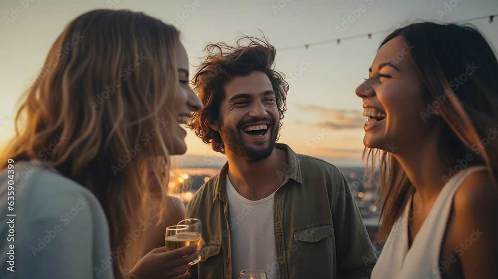 Young friends celebrating at the party on a roof top