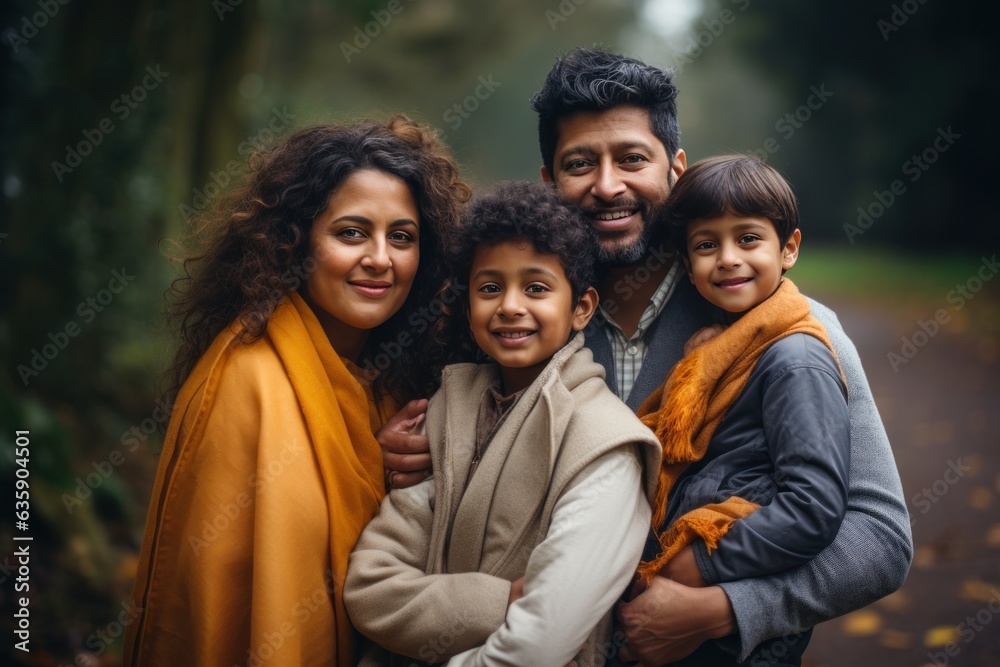 Indian a family holding children in their arms in a park