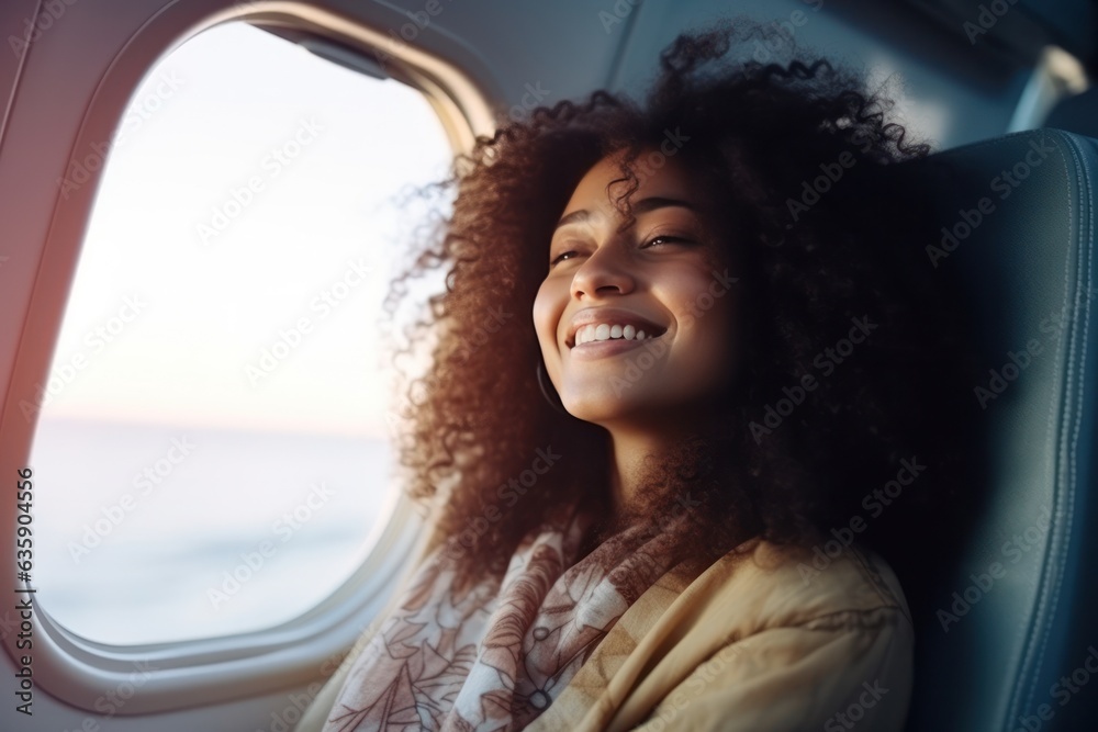 Woman smile near the window of airplane