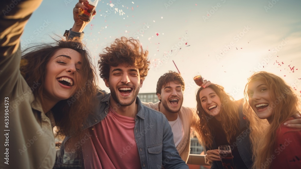 Young friends celebrating at the party on a roof top