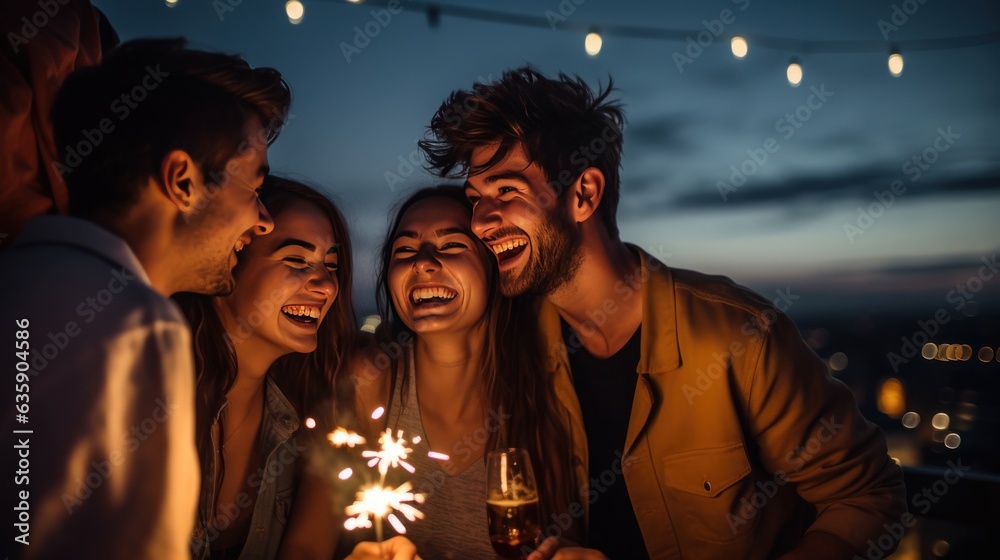 Young friends celebrating at the party on a roof top