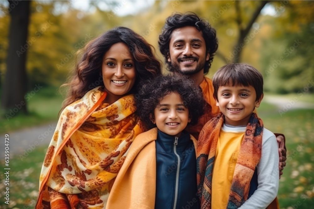 Indian a family holding children in their arms in a park