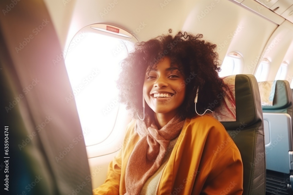 Woman smile near the window of airplane