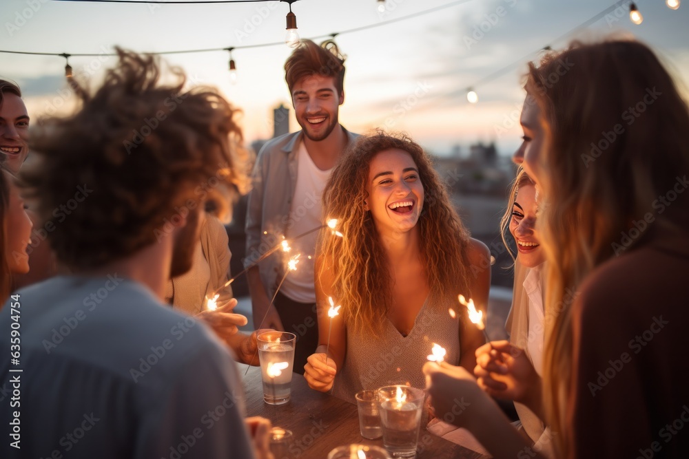 Young friends celebrating at the party on a roof top