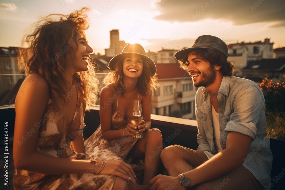 Young friends celebrating at the party on a roof top